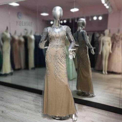 Gorgeous Gray Full Sleeve Crystals Evening Dresses O Neck Tulle Beaded Formal Party Gown For Women Muslim