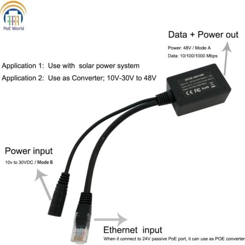 Input 10-30V Gigabit Output 48Volts set up injector PoE Converter for any 802.3af or 48V devices and solar to PoE Conversion