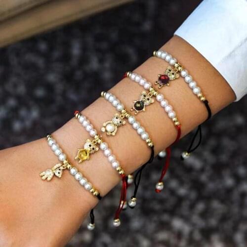 Little Bear Charm Bracelet Women 2021 Fashion Adjustable Imitation Pearls Rope Beads Bracelet For Women Jewelry Gift