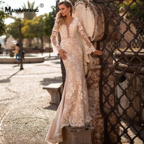 High-End Full Sleeve Deep V-Neck Court Train Mermaid Wedding Dress Luxury Backless Embroidery Appliques Tulle Bridal Gown