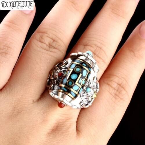 100% 925 Silver Tibetan Ring Tibetan Garuda DZI Good Luck Ring Turquoise Agate 9 eyes DZI Turning Ring