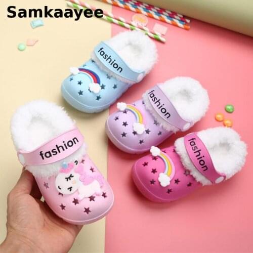 0-7y Kids Mules Clogs Winter Girls Boys Slippers Cartoon Rainbow Pony Flat Indoor Home Non-slip Children Warm Garden Shoes Y16