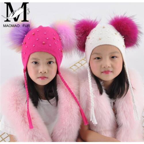 Kids Warm Winter Hats Double Real Fur Pom Pom Angora Knitted Hat For Baby Boys Girls Real Raccoon Fur Balls Beanie Cap Bonnet