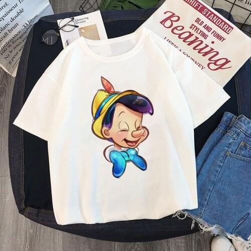 Hot Sale Disney T Shirt Funny Pinocchio Print Cartoon Tshirts O-neck White Loose Summer Short Sleeve Female Tee Shirts Harajuku