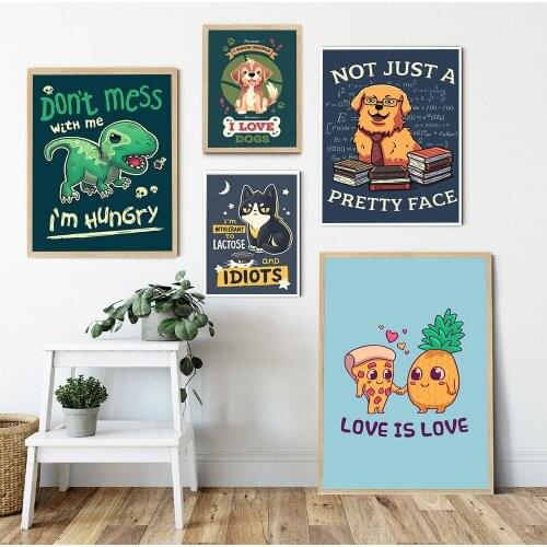 Hungry Dinosaur Cartoon Art Canvas Painting Kids Boys Bedroom Decor Pineapple Pizza Cat Dog Posters and Prints Wall Decoration