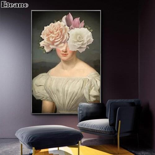 White Pink Flower and Woman Canvas Print Abstract Art Poster Character Picture Modern Art WALL HOME DECOR Oil Painting Style