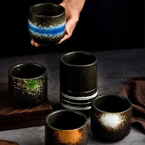 Ceramic Cup Japanese Retro Black Round Tea Cup Sake Drinkware Home Kitchen Supplies Sushi Bar Decoration Mug Small Water Ware