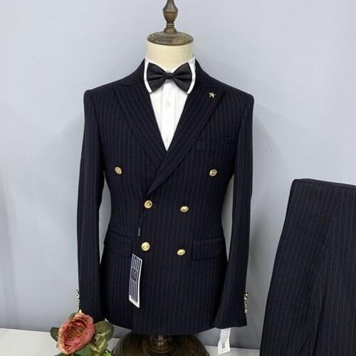 Classic striped business suit mens two-piece double-breasted banquet suit
