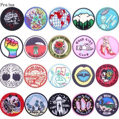 Prajna UFO Alien Round Patches Embroidery Iron On Patches For Clothing Applique For Jacket Stickers On Clothes Badge DIY Apparel