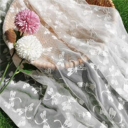 1 Yard Dragonfly Embroidery Overlay Lace Fabric Soft tulle Mesh fabric for Bridal Wedding Gown Dance Prom Baby Summer Dress