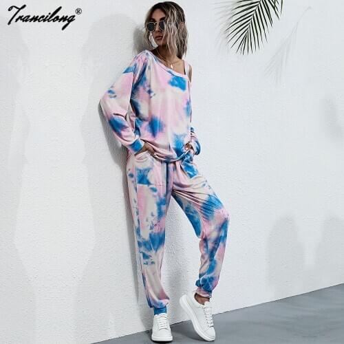 New Tie Dye Lounge Wear Sweatsuit Sexy Fashion Off Shoulder Sweatshirt Set Two Piece Track Suit Full Sleeve 2021 Vetement Femme