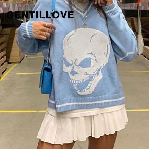 Gentillove Vintage Skulls Print Sweaters Women Autumn Spring Knitwear Tops Casual Long Sleeve V Neck Loose Pullover Jumpers 2021