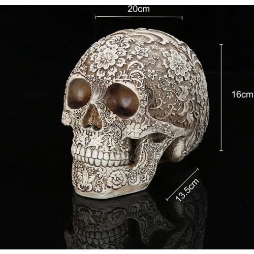 Home decoration resin statue craft skull carved flowers sculpture Halloween human skull model bar decoration funny gift p0881