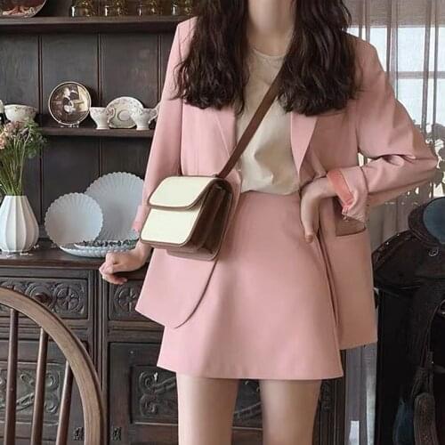 Vintage Blazer Skirts Set Women 2021 Office Wear Pink Blazer And Mini Skirts Sets Plus Size Two Piece Set Outfits Women