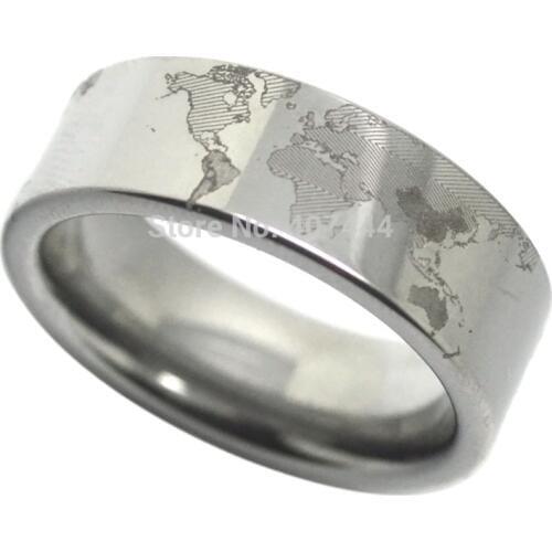 YGK JEWELRY Silver Pipe Ring Unique World Map Design Ring New Fashion Mens Tungsten Ring Wedding Band for Women Free Engraving