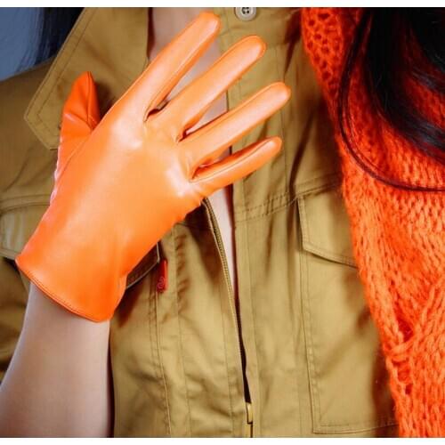 Womens fashion sexy slim faux pu leather glove ladys club performance formal party leather orange color short glove 21cm R2571