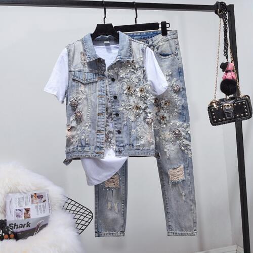 2019 Spring New Womens Pearl Embroidered Jeans Suit Ladies Hole Ripped Jeans Vest + Denim Trousers Two Piece Sets