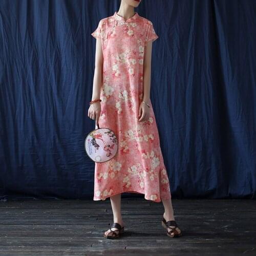 Women Loose Printed Short Sleeve Summer Dress Ladies Print Cotton Linen Qipao Dresses Female 2020 Cheongsam Dress