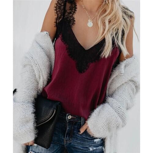Sexy Womens Lace Stitching Deep V-Neck Casual Vest Summer Sleeveless Wide Shoulder Strap High Street Style Loose Vest Size S-XL