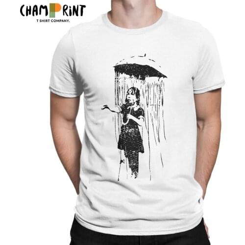 Umbrella Girl T Shirt Mens 100% Cotton Unique T-Shirts Round Neck Graffiti Banksy Street Artist Tees Short Sleeve Clothes Gift