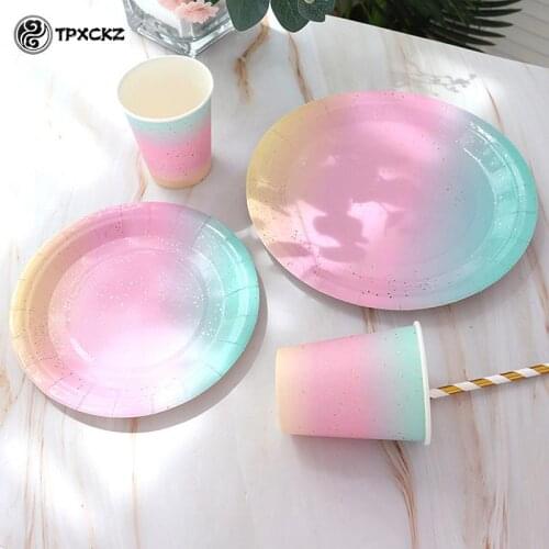 10pcs Rainbow Birthday Party Disposable Tableware Set Disposable Paper Plate Straw Cup For Wedding Birthday Decoration