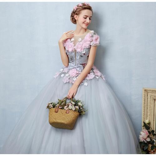 100%real light grey pink flowers fairy cosplay ball gown royal princess Medieval Renaissance Victorian dress Belle ball
