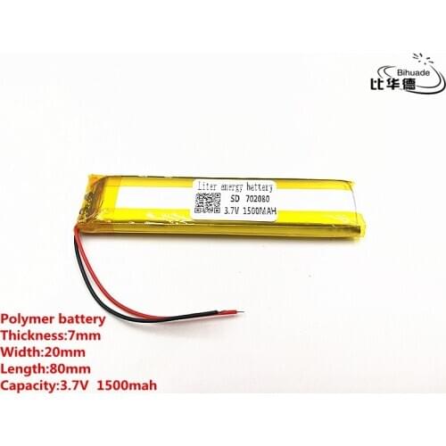 2pcs/lot Good Qulity 3.7V,1500mAH,702080 Polymer lithium ion / Li-ion battery for TOY,POWER BANK,GPS,mp3,mp4