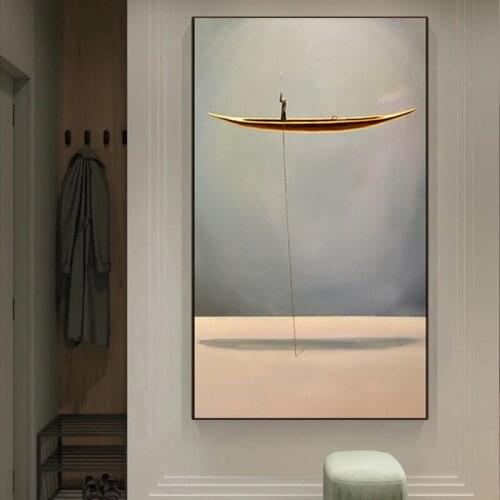 Abstract Painting New Chinese Style Golden Boat Canvas Poster Natural Landscape Printing Wall Art Picture Living Room Decoration