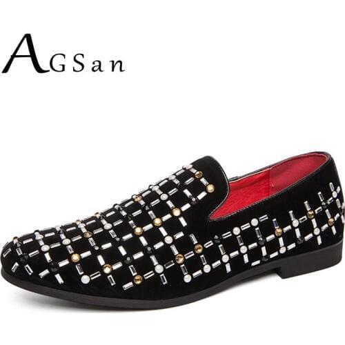 AGSan Fashion Dress Shoes for Men Rhinestones Loafers Luxury Wedding Shoes Slip On Smoking Shoes 38-46 Party Shoes Black Flats