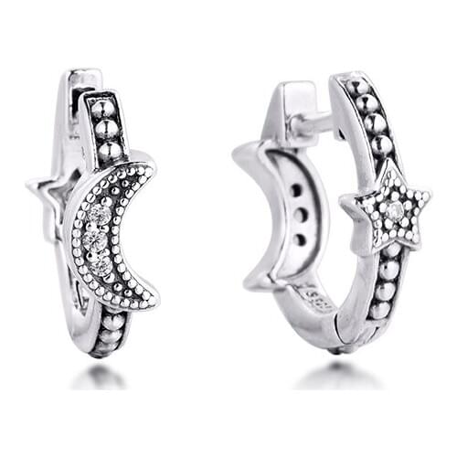 Authentic 925 Sterling Silver Crescent Moon & Stars Beaded Hoop Earrings for Women Wedding Ear ring Fine Jewelry Brincos