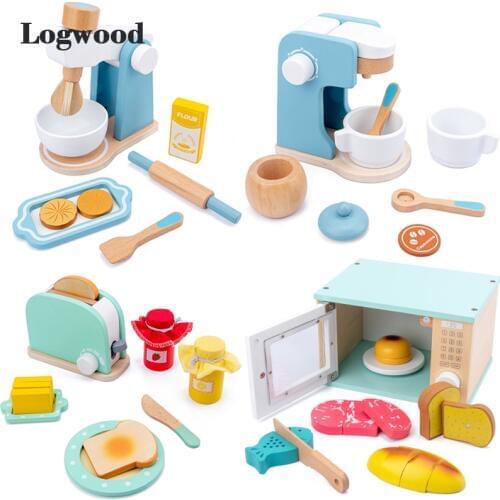 Kids Wooden Pretend Play Sets Simulation Toasters Bread Maker Coffee Machine Blender Baking Kit Game Kitchen Real life Toys