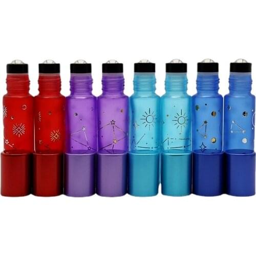 50pcs 10ml Refillable Essential Oil Roller Bottle Star Pattern Bottle Thick Glass Empty Bottle for Fragrance Lotion Aromatherapy