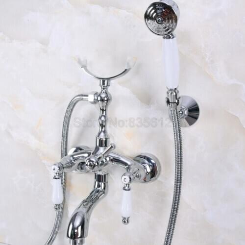 Chrome Polished Bathroom Tub Faucet W/Hand Shower Sprayer Clawfoot Mixer Tap Wall Mounted tna249
