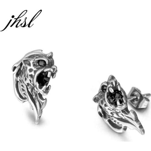 JHSL Trendy Black Red Stone Animal leopard Stud Earrings for Men Stainless Steel High Polishing Good Quality Fashion Jewelry