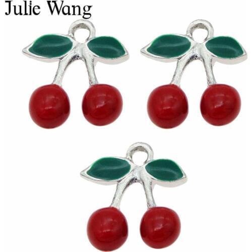 Julie Wang 10PCS Alloy Red Enamel Cherry Fruit Charms Necklace Pendant Earrings Findings DIY Jewelry Making Accessory