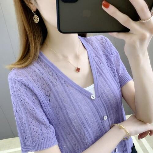 2021 Real Top Fashion 20216 Film V-neck Diamond Hollow Out Button Pure Color Short Sleeve Cardigan