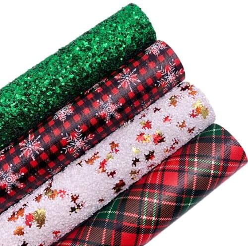 Maple Leaves Chunky Glitter Leather Fabric Tartan Snowflakes Printed Synthetic Leather Vinly Sheets For BOWS DIY 21X29CM G562