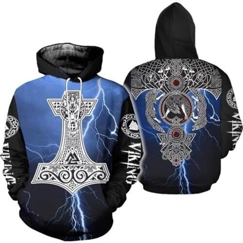 Unisex Vikings Tattoo Viking Warriors Blue Fashion Harajuku 3D Print Hooded Polyester Jacket Women Men Cltothes