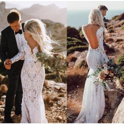 Exquisite New Mermaid Lace Long Sleeve Bridal Wedding Dresses Open Back Illusion Neckline Wedding Gowns for Bride Appliqued