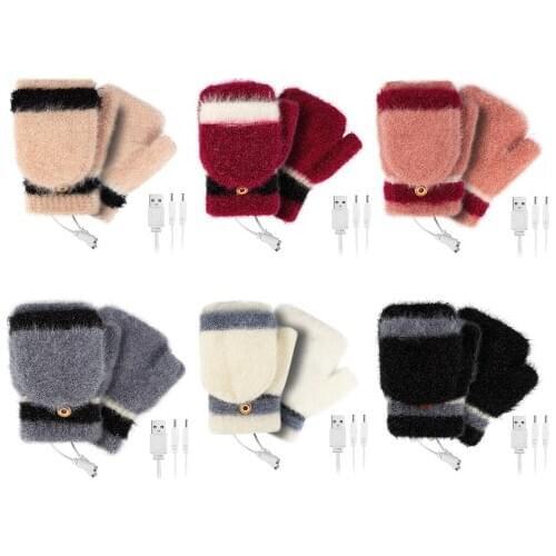 Electric USB Heated Gloves Cashmere Thermal Half-finger With Full-finger Cover Women Men Rechargeable Touch Screen Gloves Mitten