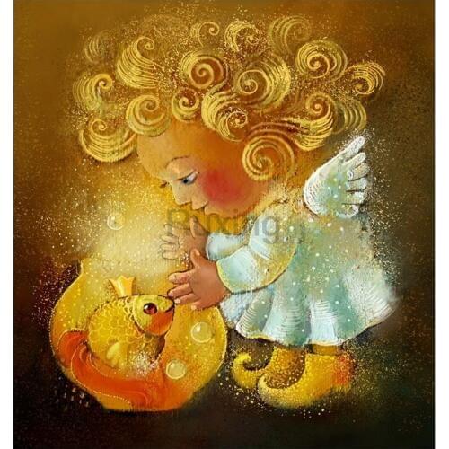 Full round/square drill diamond painting Blonde little angel and fish wall painting decor Cross stitch diamond embroidery mosaic