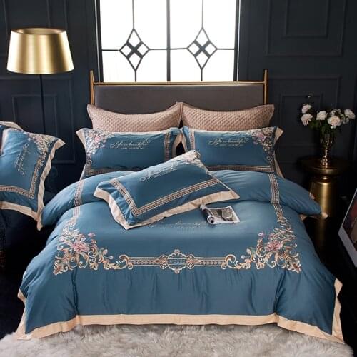 100% Egyptian Cotton Bedding Queen King size 4Pcs flowers pattern blue Duvet Cover Bed sheet Pillow shams