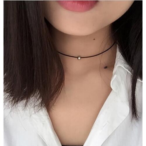Simple Fashion Choker Necklace Thin Black Leather Rope Necklaces With Gold Silver Colour Metal Beads Short Necklace Women