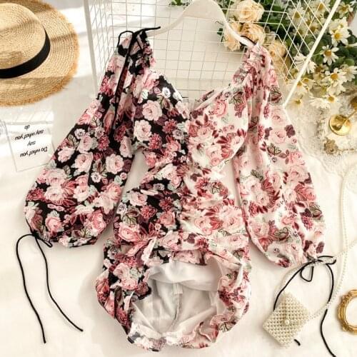 Sexy Contrast Color Floral Print Puff sleeve Dropped Ruched Mini Short Dress Women Bow Tie Strap Lacing Up Party Dresses