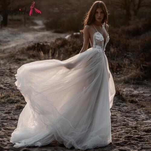 Sexy deep v-neck flowers vestidos Spaghetti straps backless mesh dresses for bride Luxury party gowns evening simple