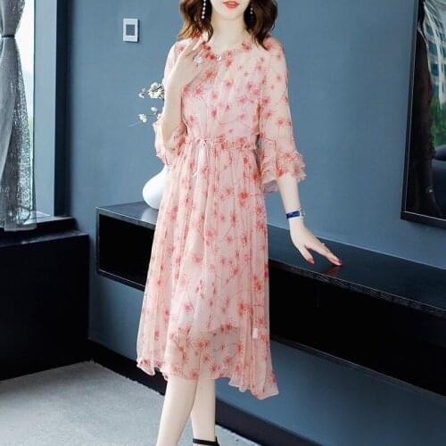 Silk Summer Ladies Real Print Floral Party Dress Beach Dresses Women Vestidos De Verano 2020 G848171 YY2891