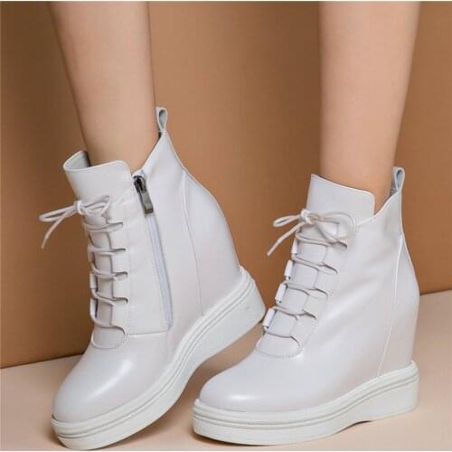 High Top Pumps Shoes Women Lace Up Genuine Leather Wedges High Heel Ankle Boots Female Round Toe Fashion Sneakers Casual Shoes