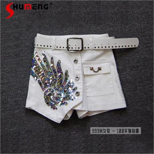 2021 Spring and Summer Korean Womens Fashion Clothing White Irregular Mini Denim Skirt Sequins Multi-Button Short Culottes Lady