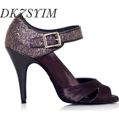 DKZSYIM Women Latin Dance Shoes Ladies Girls Deep Purple/Skin Colour Satin+Sequined Cloth Ballroom Tango Dance Shoes High Hells