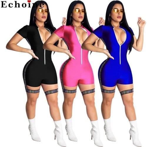 Women Bodycon Jumpsuit Sexy Zipper Low Cut Fashion Stand Collar Patchwork Elastic Sheath Playsuit Streetwear Short Pants Rompers